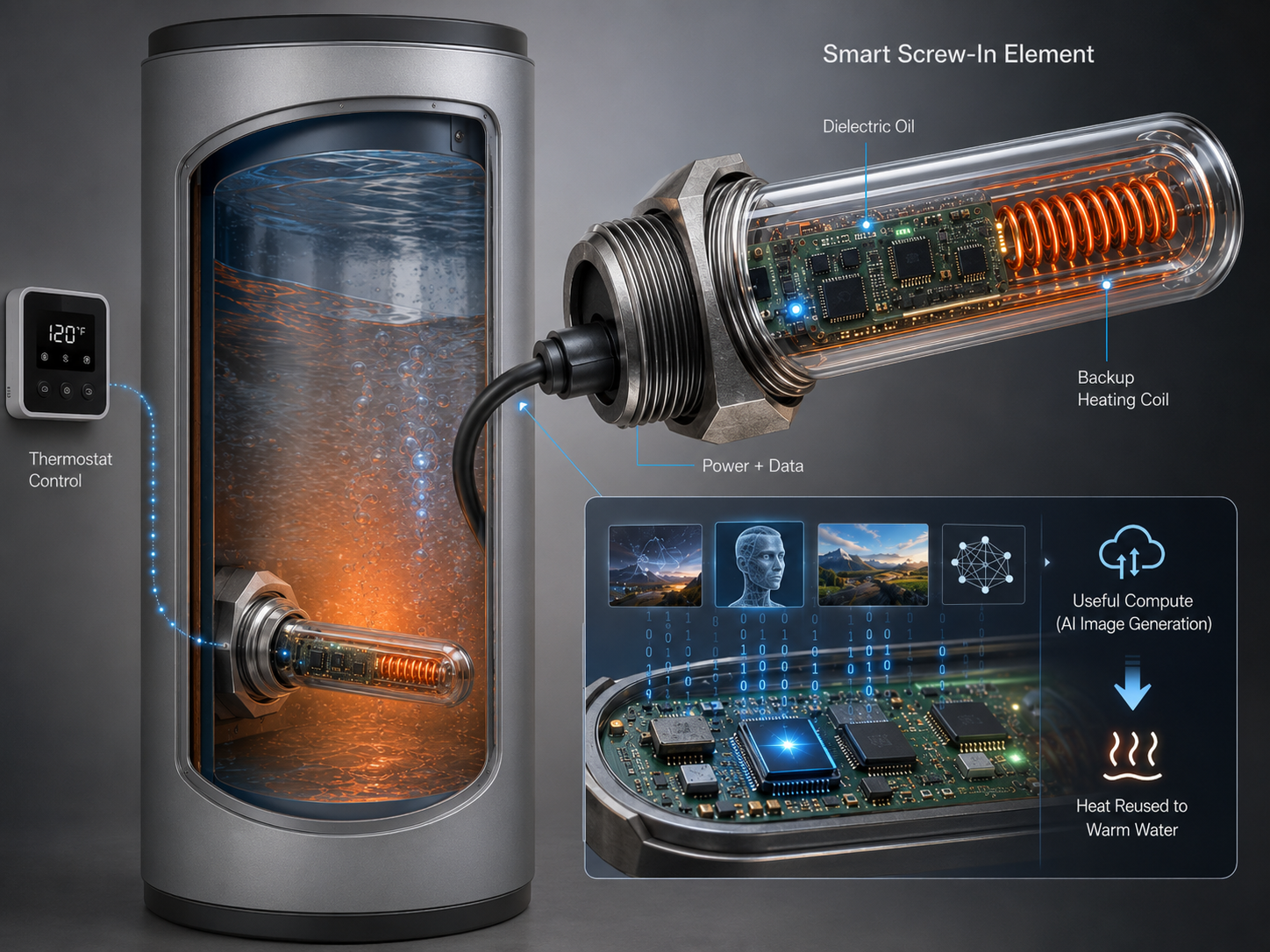 Cutaway view of a water heater with the ThermalCore smart screw-in element: compute board immersed in dielectric oil with a backup heating coil