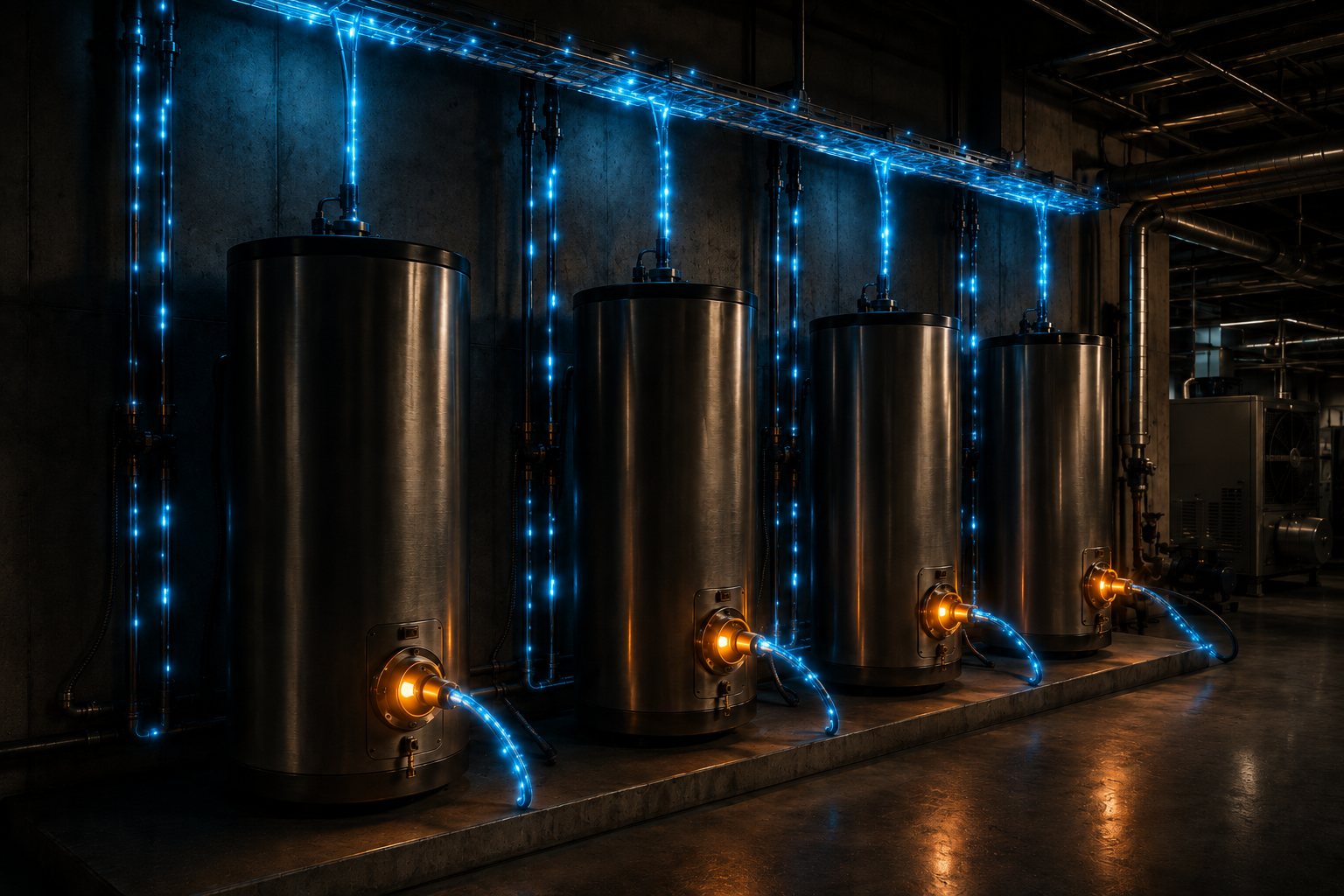 Concept render of four commercial water heaters, each with a glowing ThermalCore element and blue data streams flowing along the cables