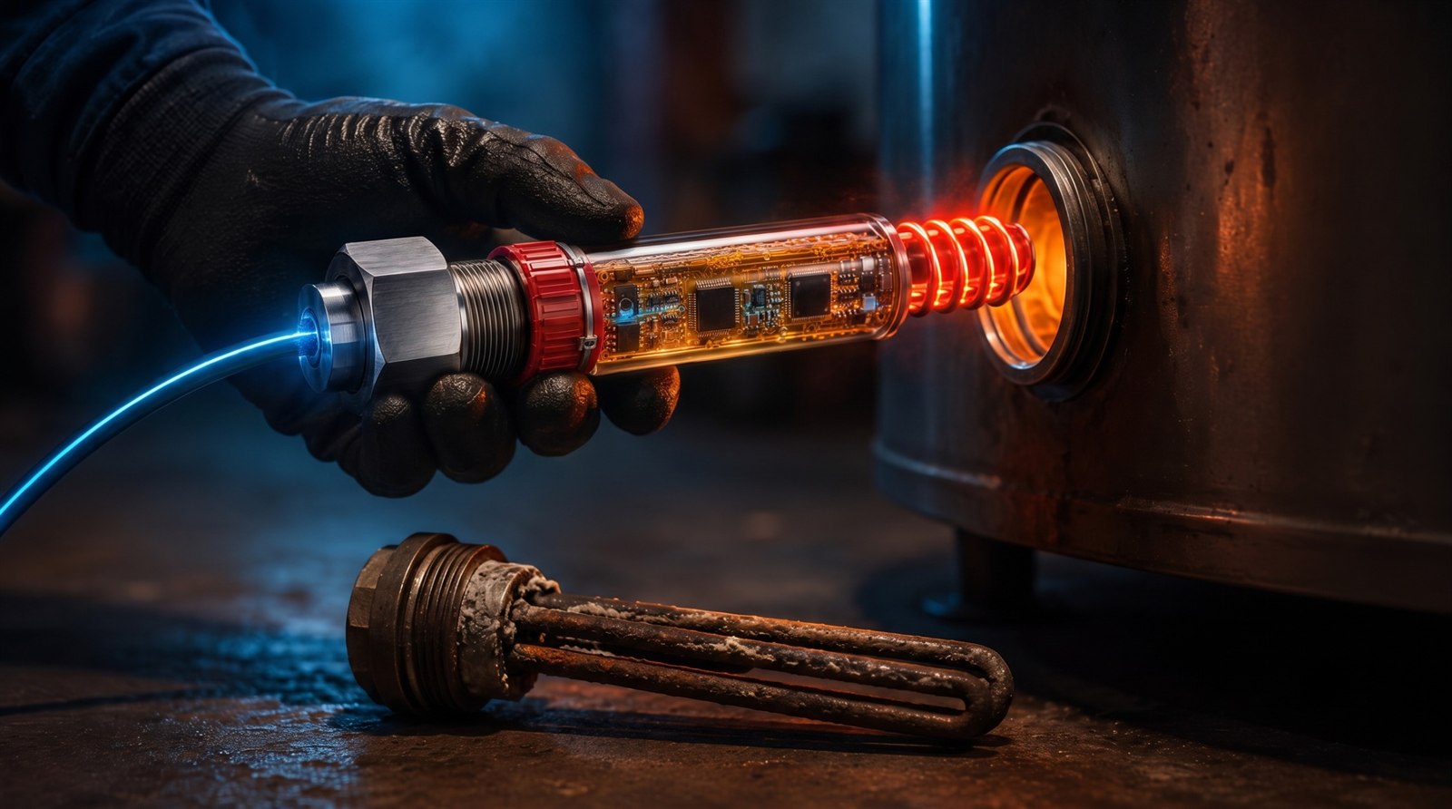A gloved hand installing the ThermalCore module into a water tank's glowing element port, with the old scaled resistive element discarded on the floor